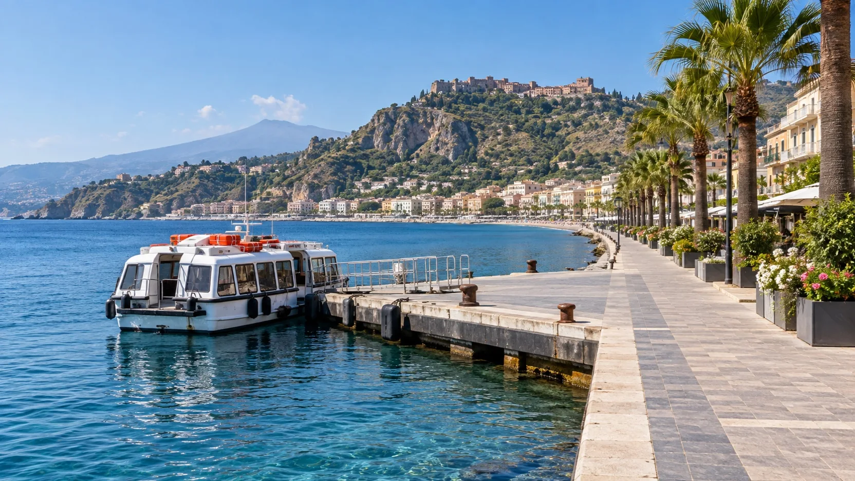 Cruise tender at Giardini Naxos with Taormina on the hill beyond