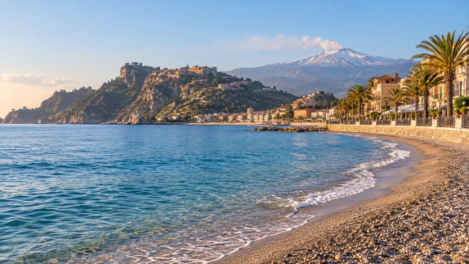 Beach and promenade along Giardini Naxos bay