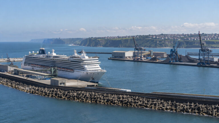 Cruise ship at El Musel port Gijon Asturias Spain with working harbor and Cantabrian coast, no people