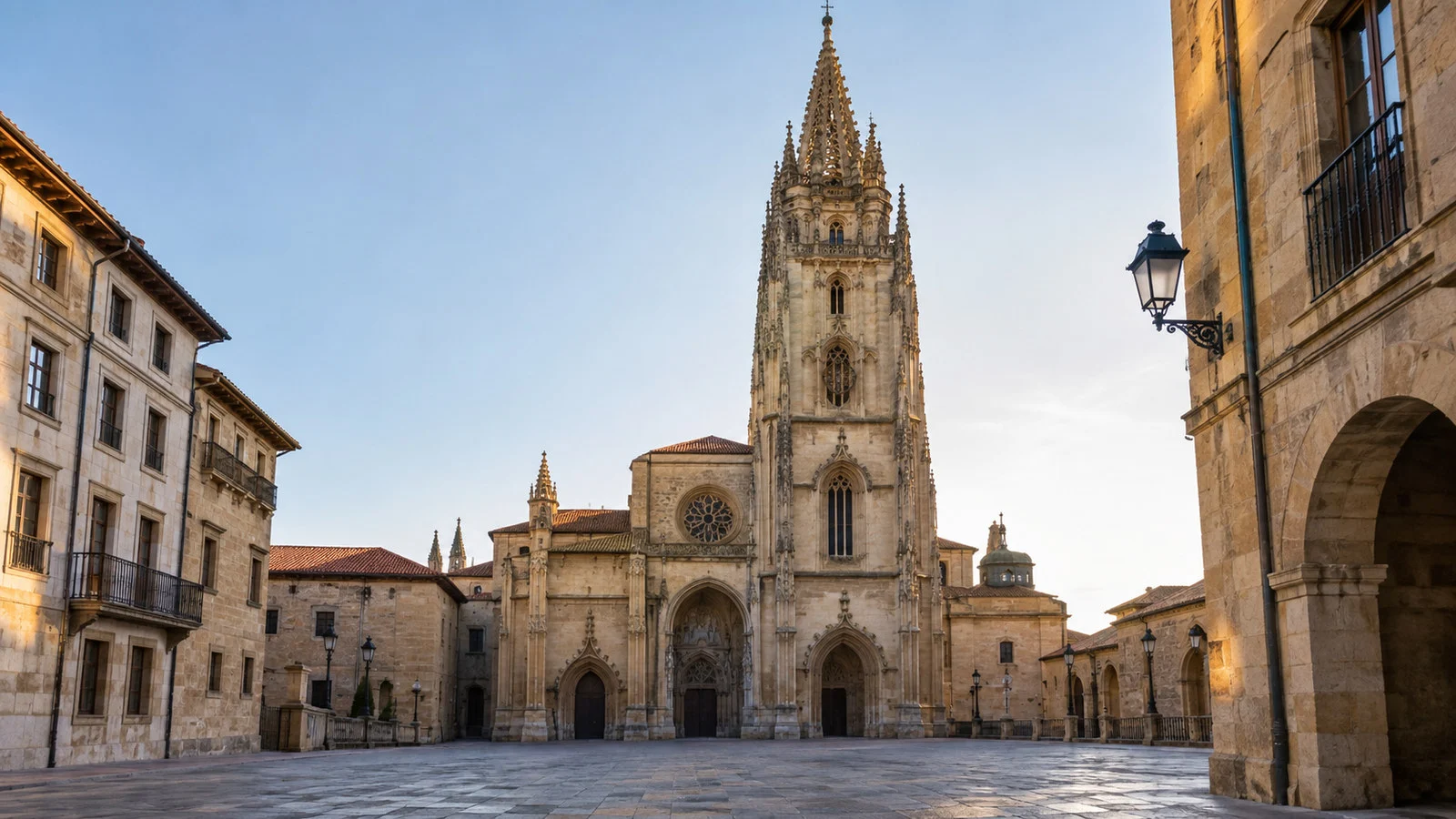 Oviedo Cathedral Asturias Spain Gothic facade in quiet historic plaza, no people