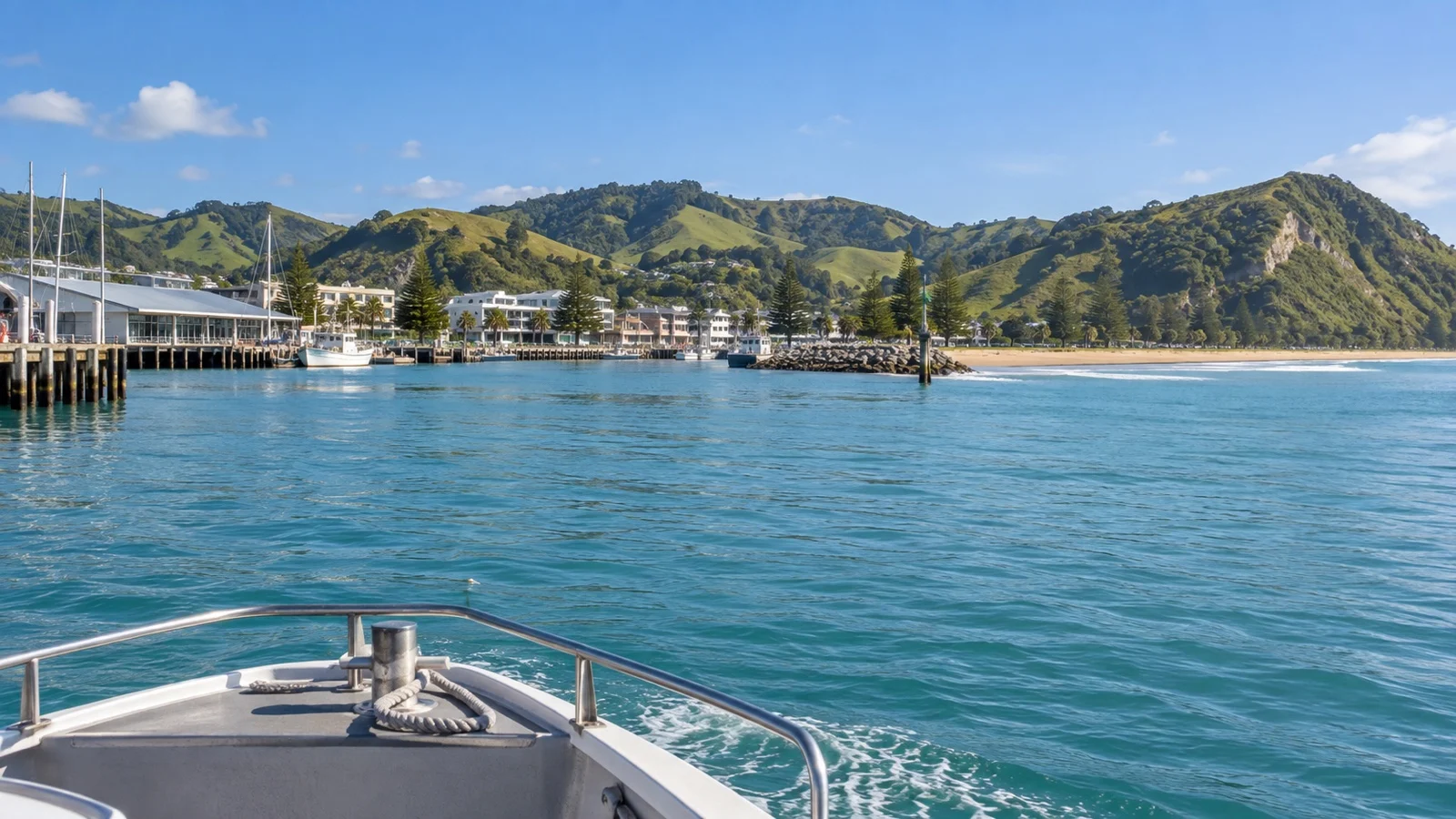 Tender boat approaching Gisborne inner harbor