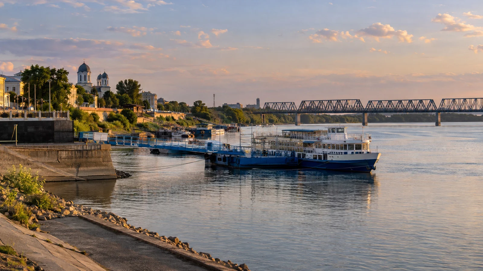 Giurgiu town waterfront and riverboats