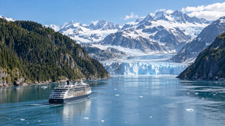 Cruise ship sailing toward a tidewater glacier in Glacier Bay