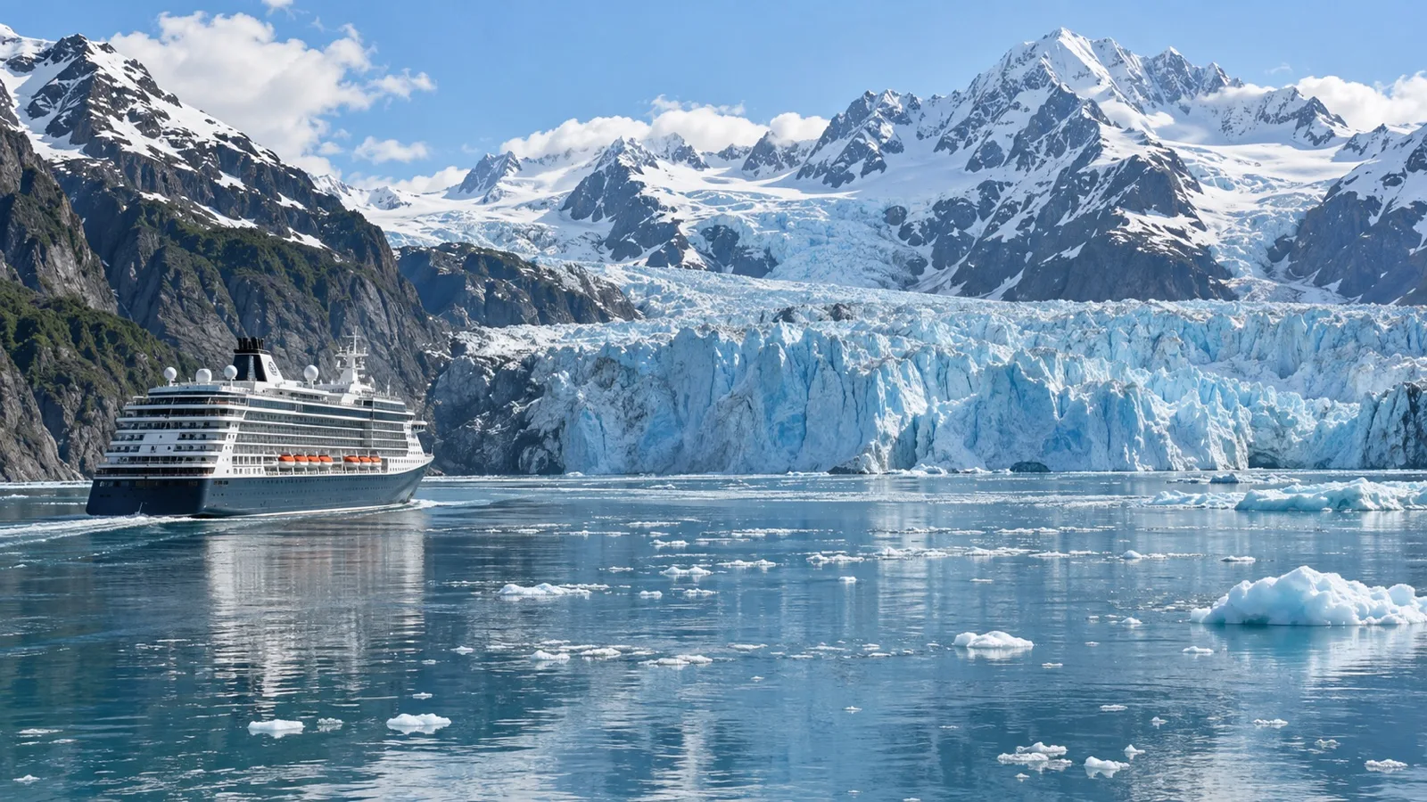 Cruise ship viewing a blue tidewater glacier in Alaska’s Glacier Bay.