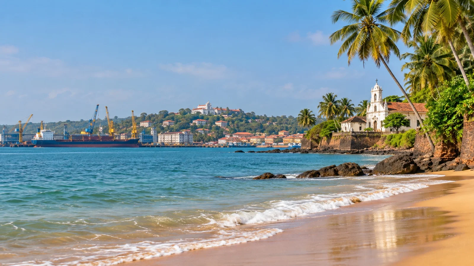 Palm-lined beach and Arabian Sea near Mormugao Goa