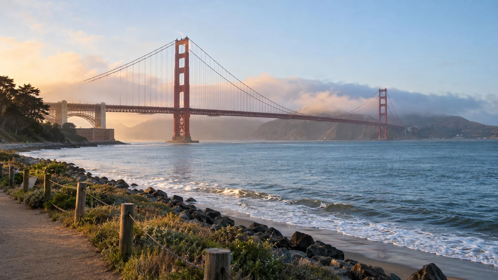 Golden Gate Bridge across the bay from a quiet Crissy Field shoreline