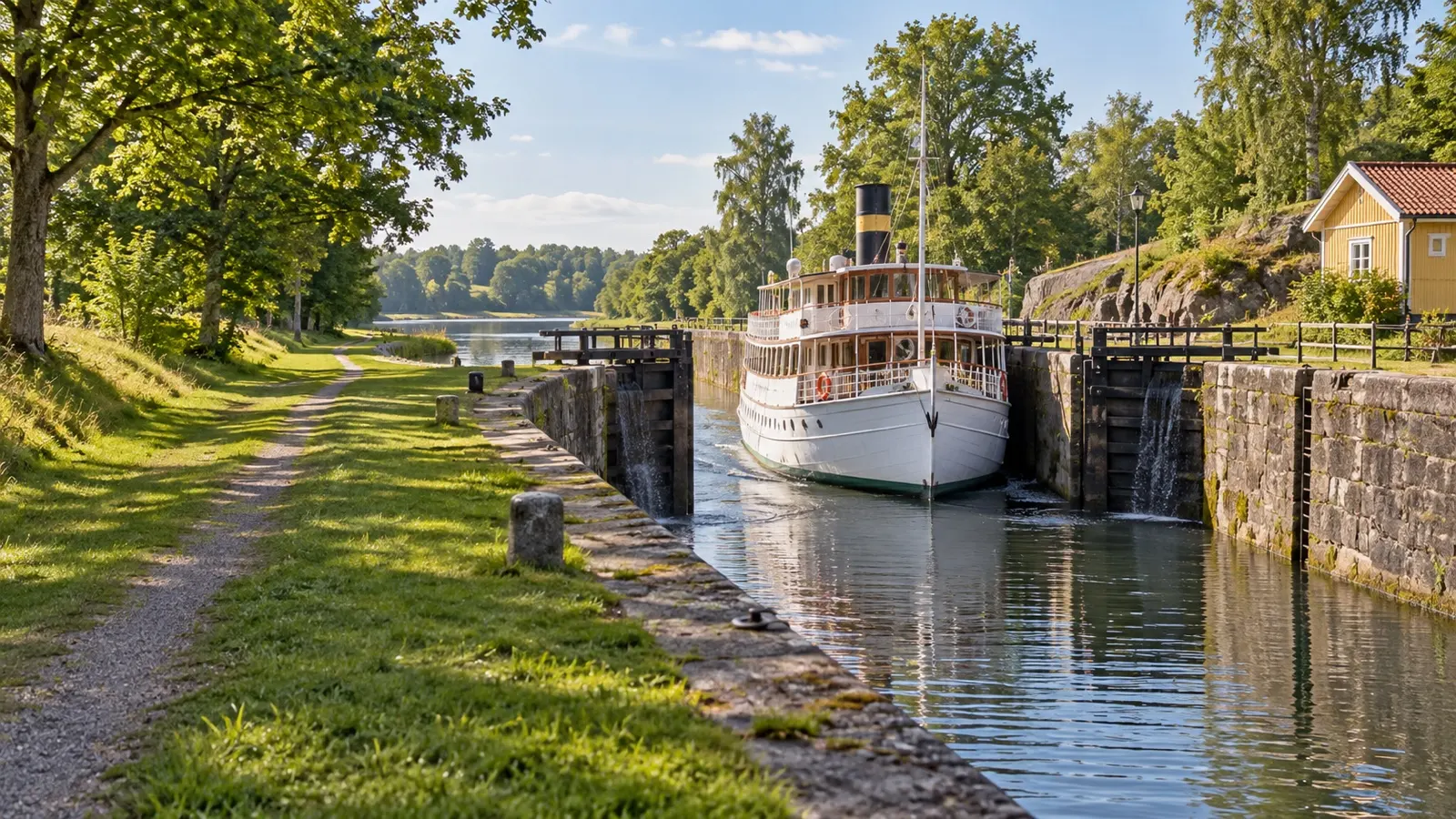 Tree-lined towpath beside Göta Canal