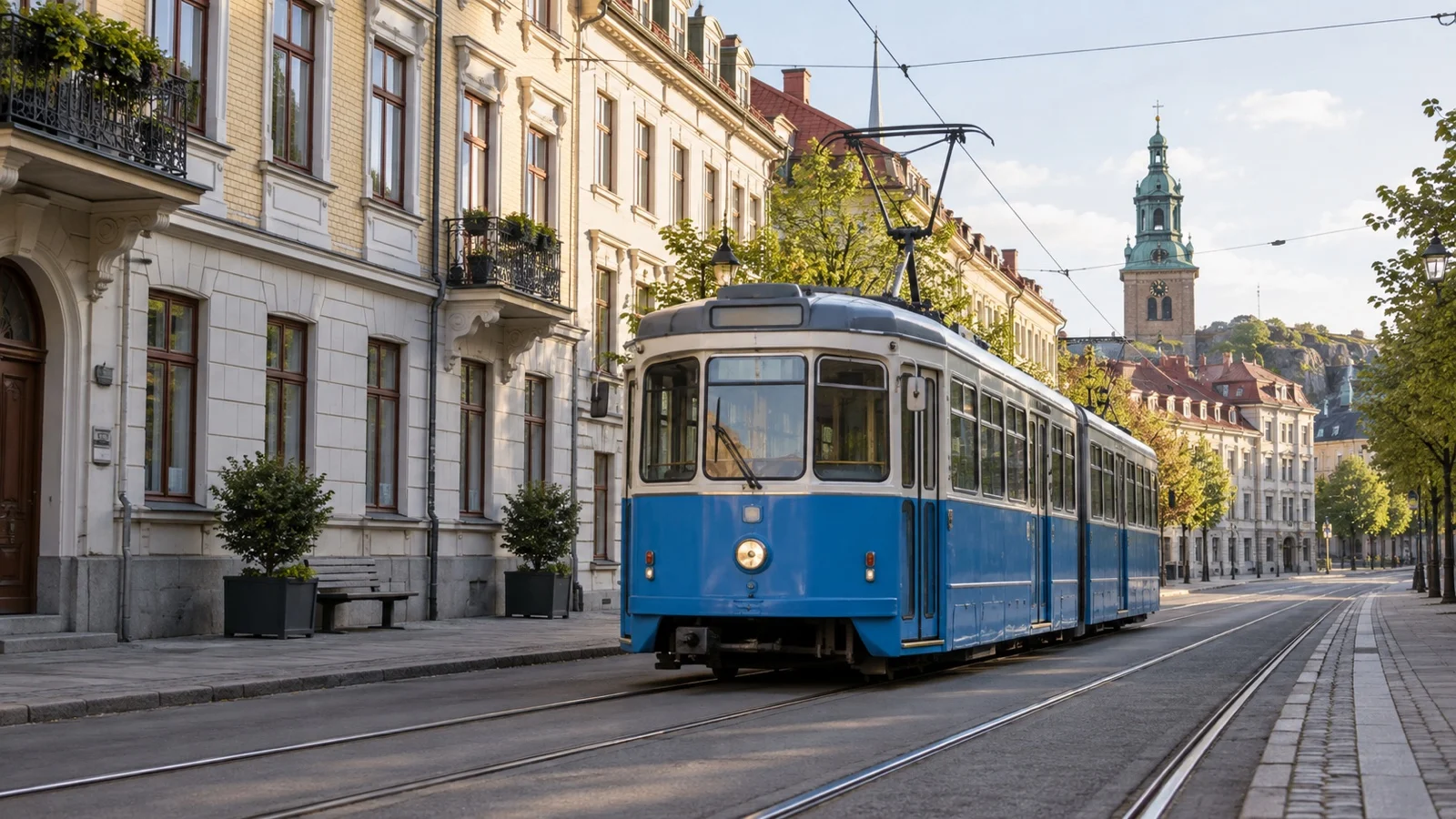 Gothenburg blue tram near central cruise shuttle stop
