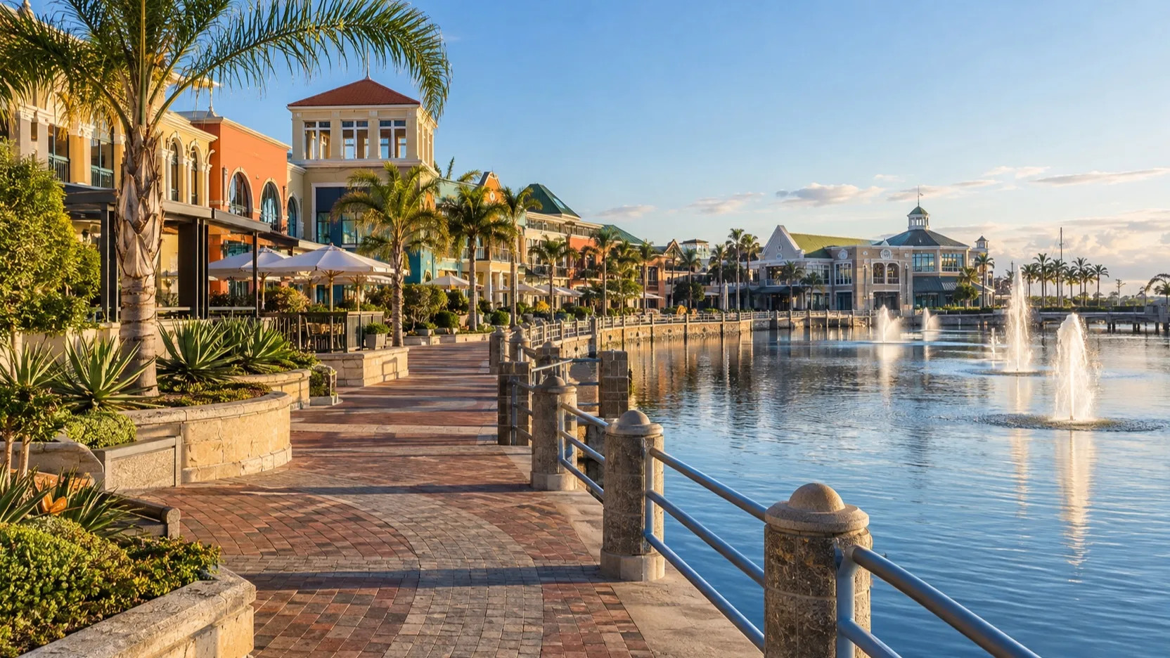 Empty lakeside promenade and fountains at The Boardwalk in Gqeberha