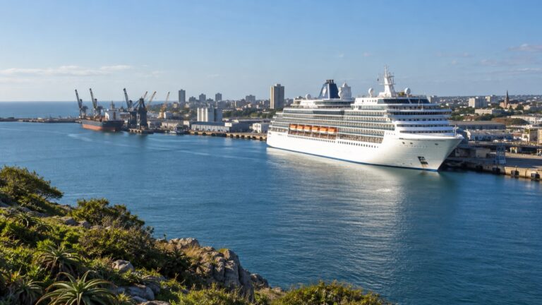 Cruise ship docked at Gqeberha’s working harbor on Algoa Bay
