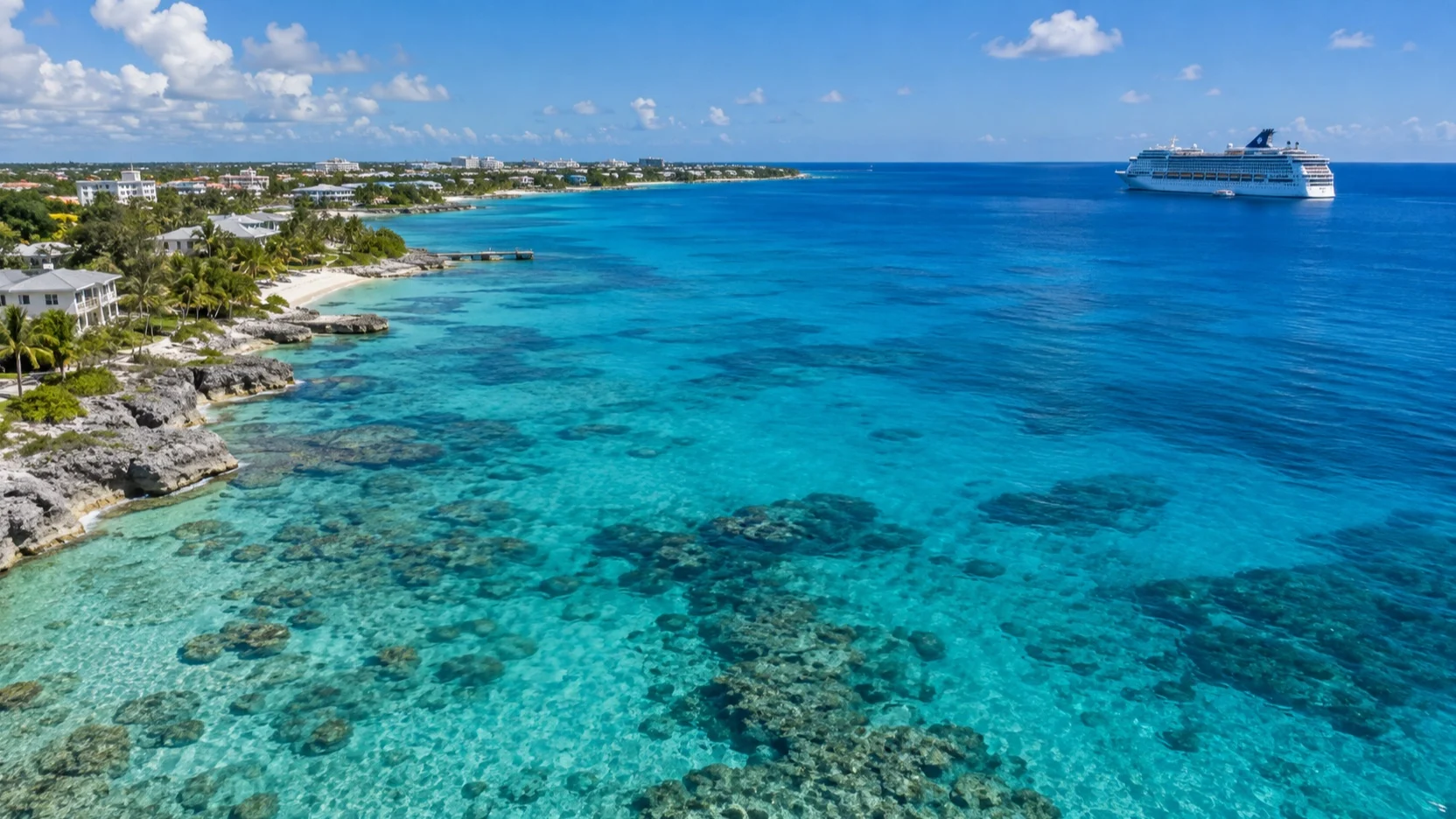 Grand Cayman reef and shoreline with a cruise ship offshore