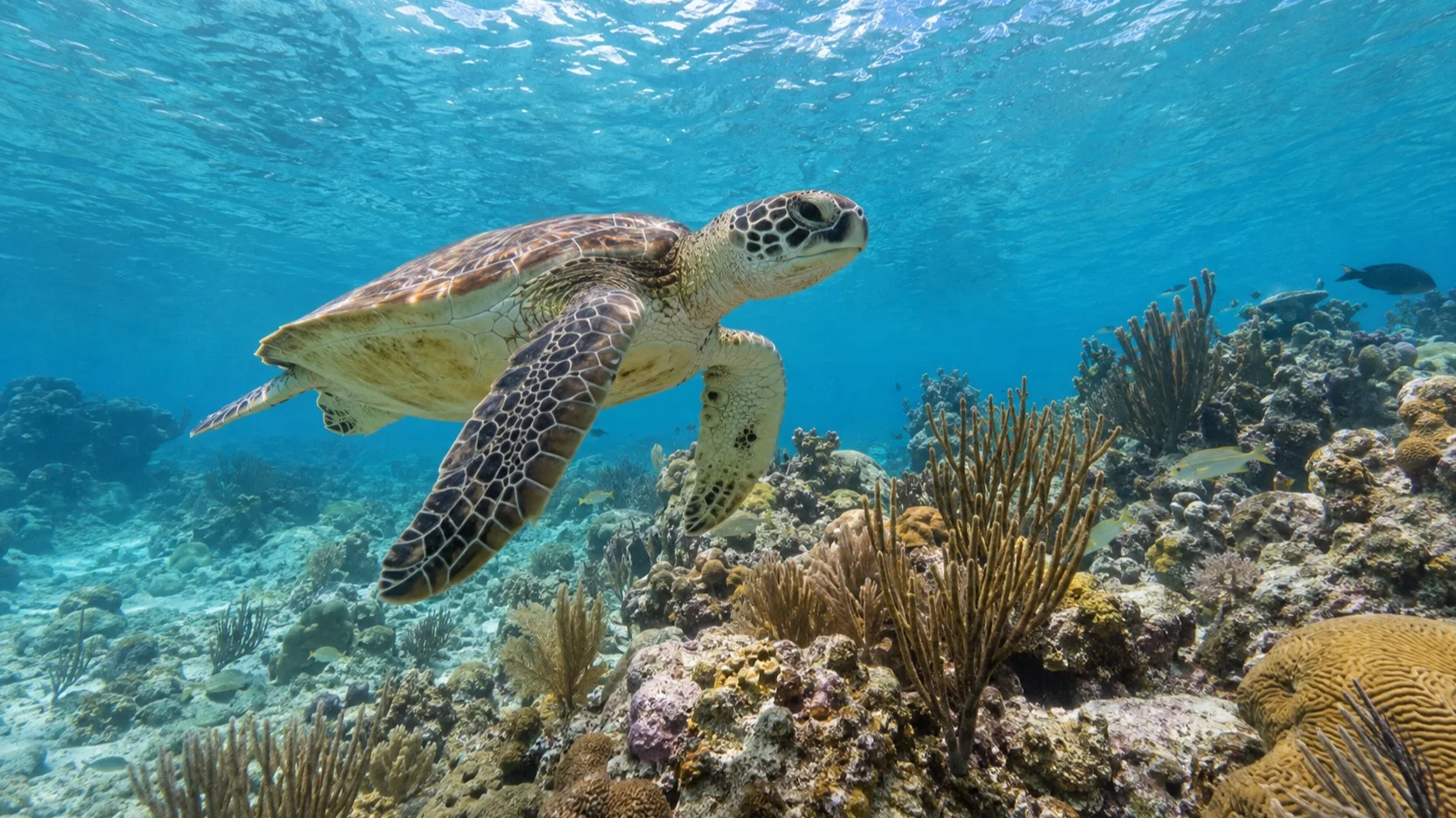 Sea turtle swimming over a shallow coral reef in Grand Cayman