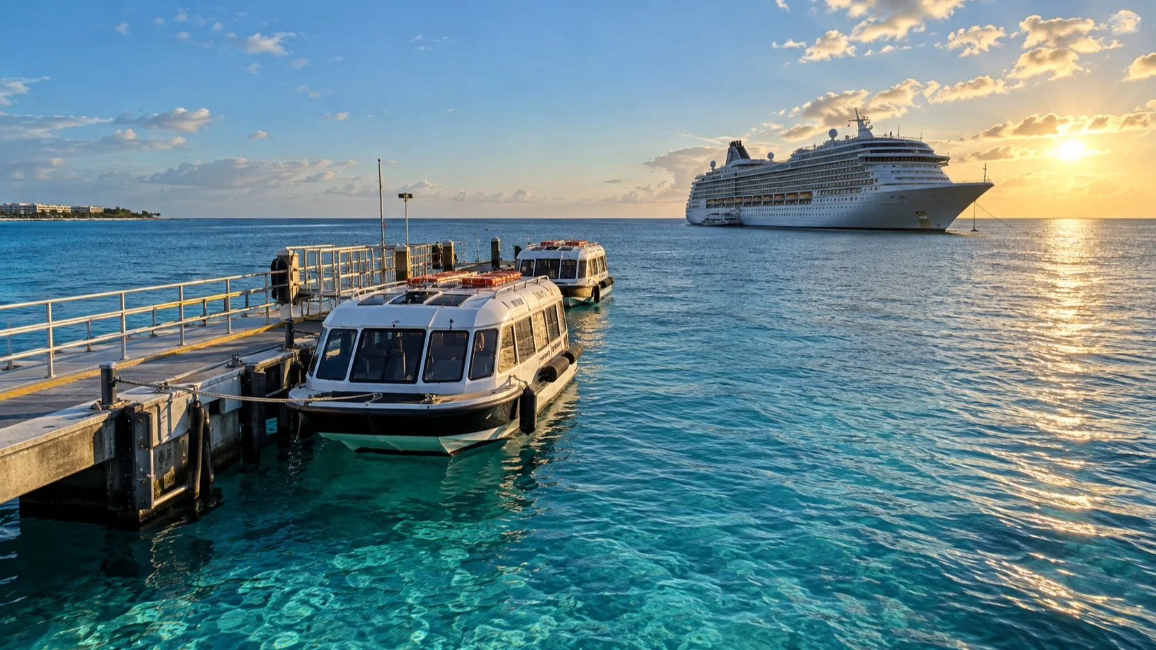 Tender boats at Grand Cayman dock with cruise ship offshore at sunset