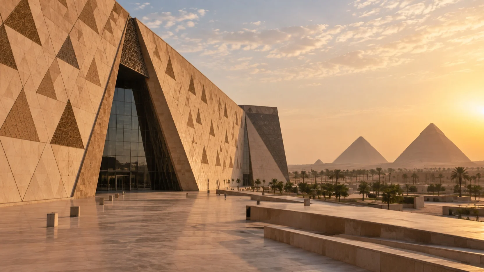 Modern Grand Egyptian Museum exterior near the pyramids of Giza