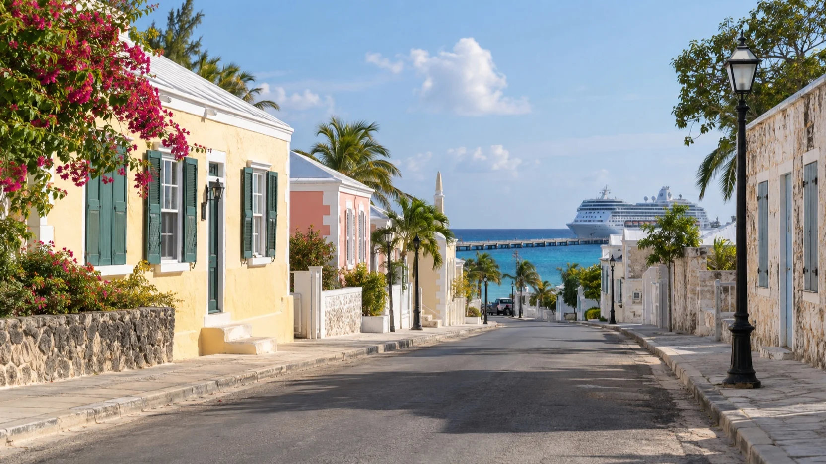 Quiet pastel street in Cockburn Town with Grand Turk cruise ship beyond