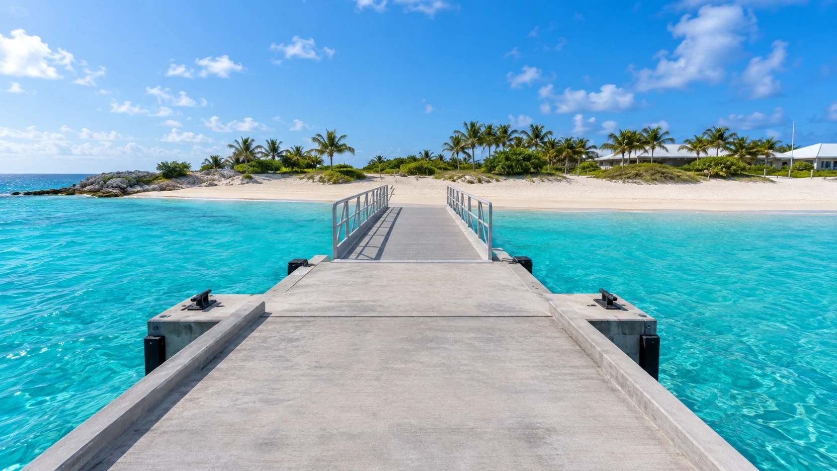 Empty Grand Turk cruise pier leading toward a white-sand beach