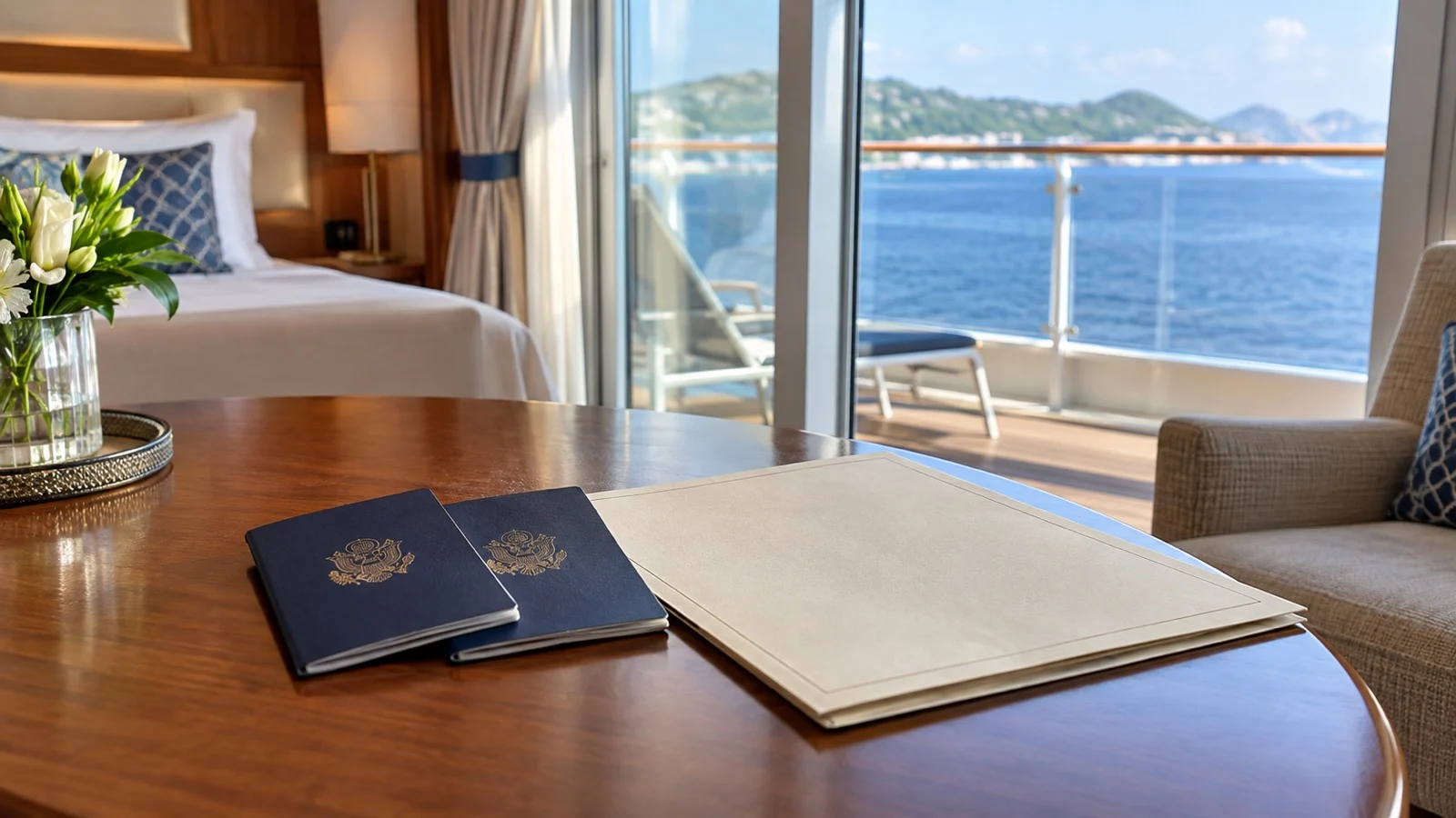 Two passports and a blank birth-certificate folder on a cruise cabin table
