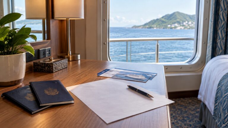 Passports and blank child travel consent letter beside cruise tickets on an empty cabin desk