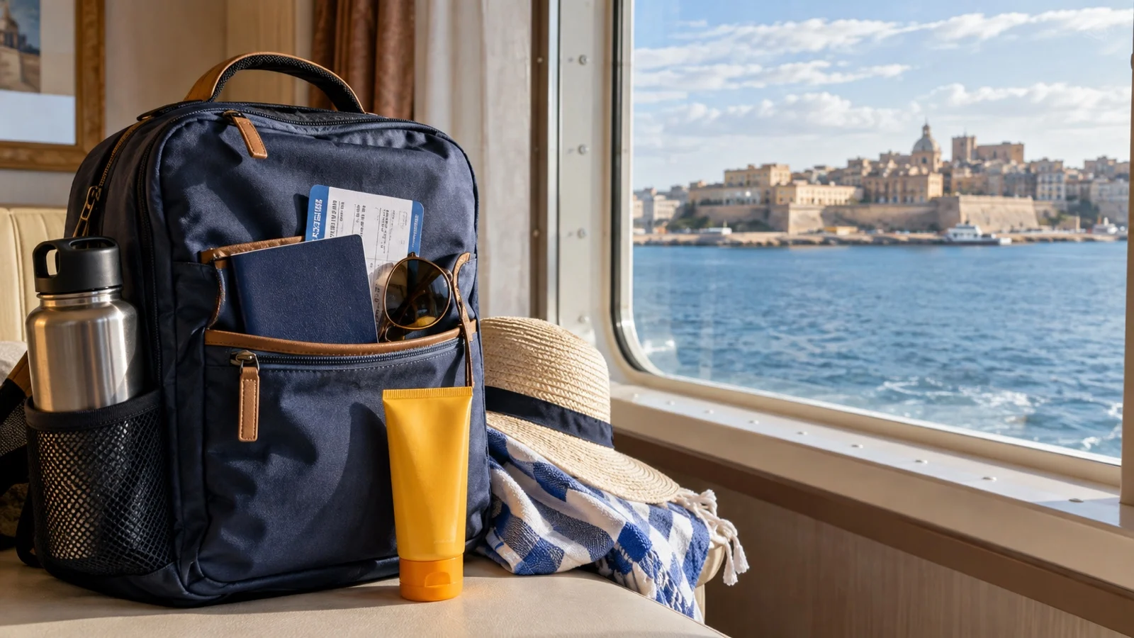 Neatly packed day bag with travel documents, water, and sunscreen near a cruise ship window