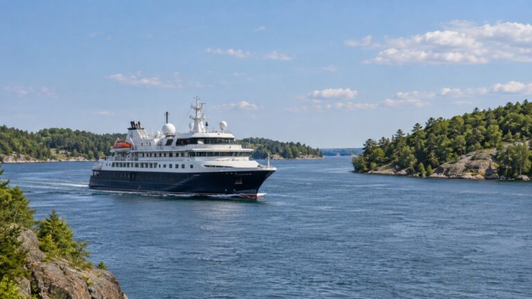 Small Great Lakes cruise ship passing a narrow seaway