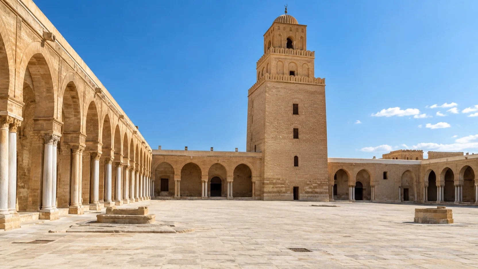 Empty courtyard and minaret of the Great Mosque of Kairouan