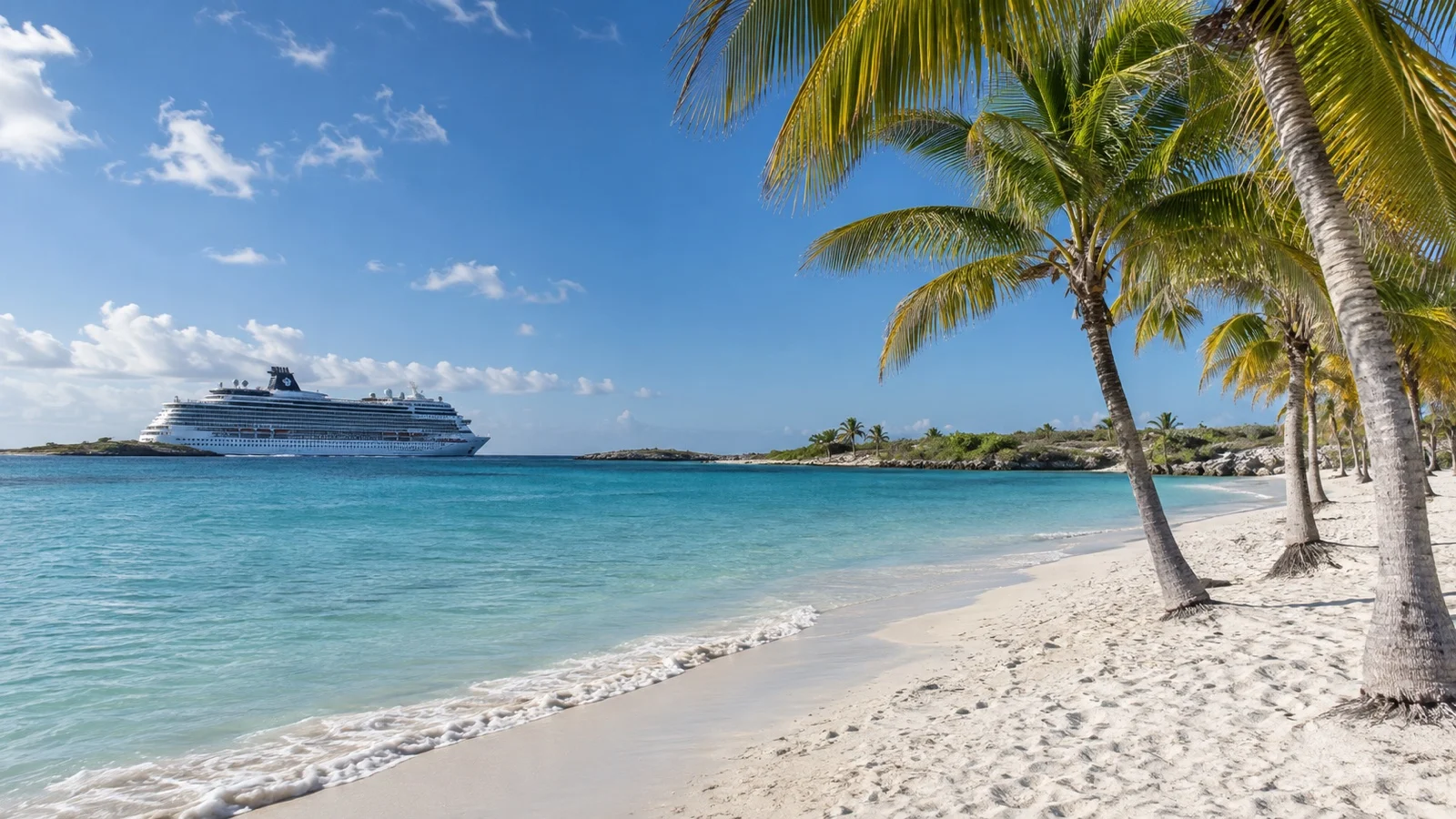 Empty palm-lined beach and cruise ship anchored offshore at Great Stirrup Cay in the Bahamas