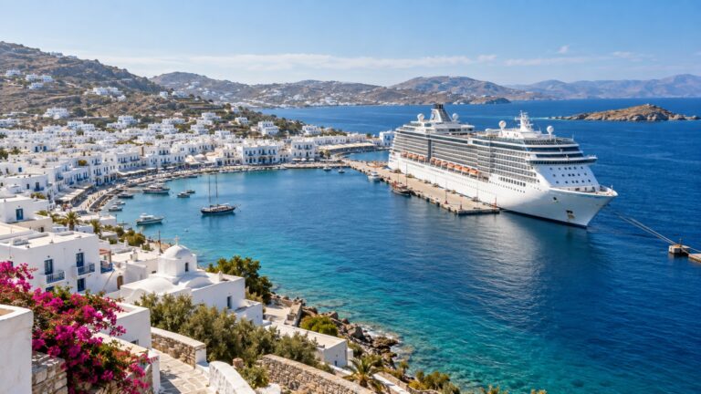 Cruise ship beside a whitewashed Greek island harbor on the Aegean Sea