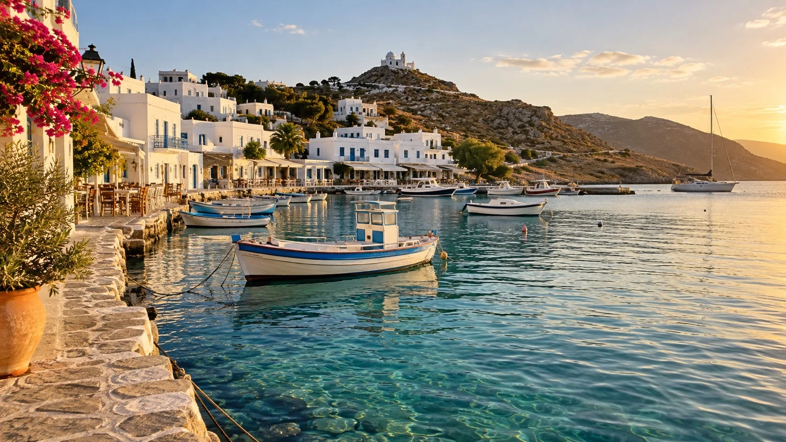 Quiet Greek island harbor and whitewashed buildings in warm September light
