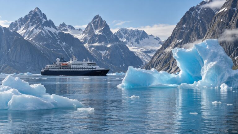Expedition cruise ship among Greenland icebergs