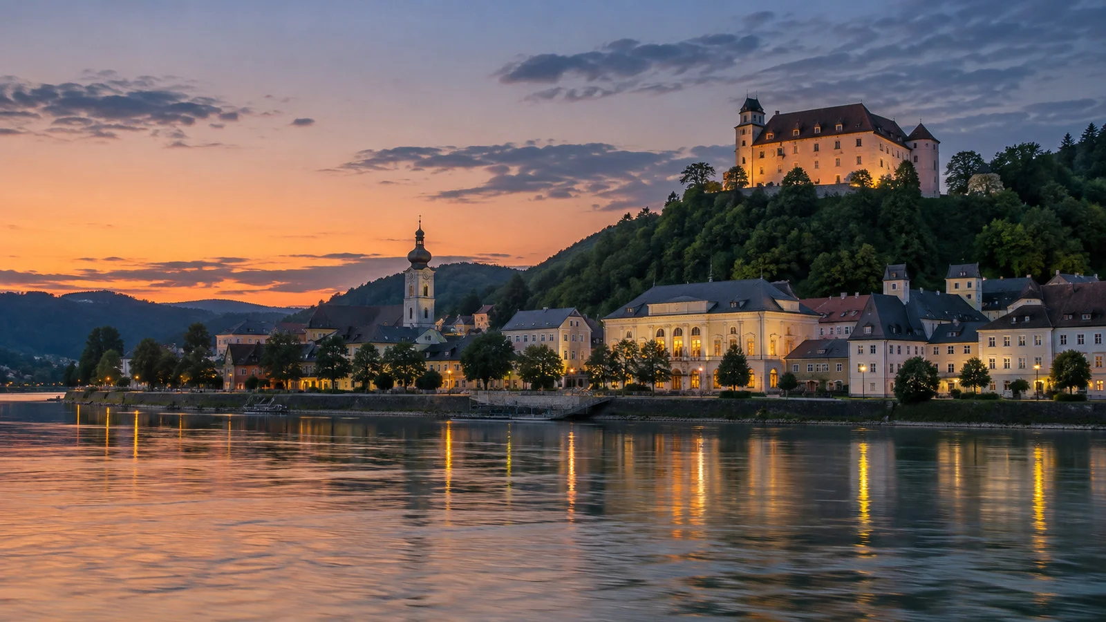 Danube riverfront at twilight in Grein, Austria
