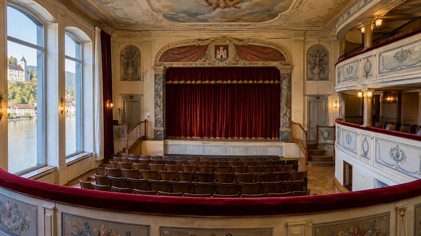 Historic Municipal Theater in Grein, Austria, old auditorium stage and balcony without people