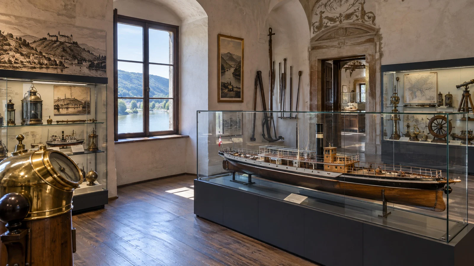Upper Austrian Shipping Museum exhibits inside Greinburg Castle, historic Danube boat model and navigation artifacts