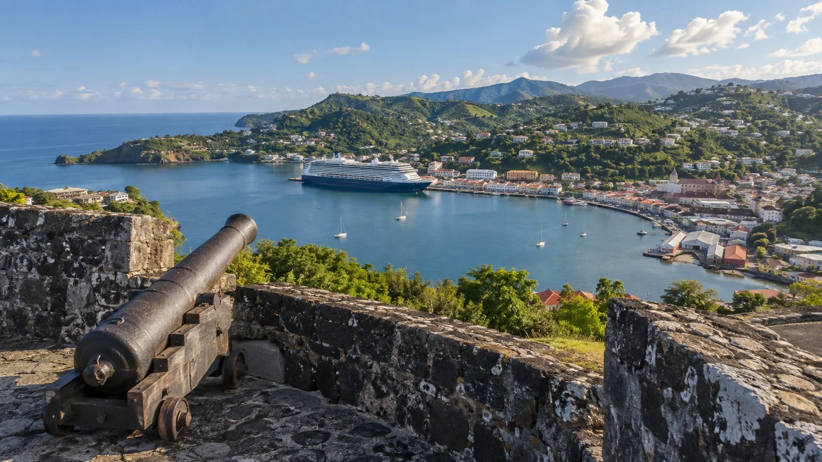 Historic cannon at Fort George overlooking St. George’s harbor in Grenada