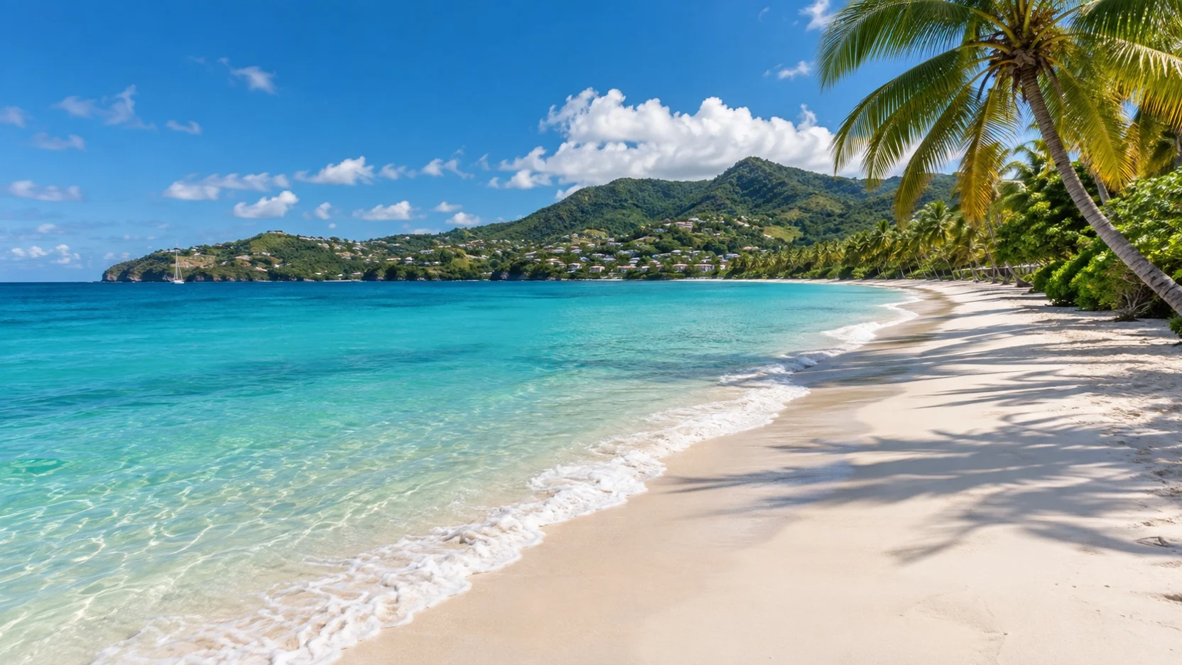 Empty palm-lined Grand Anse Beach and turquoise water in Grenada