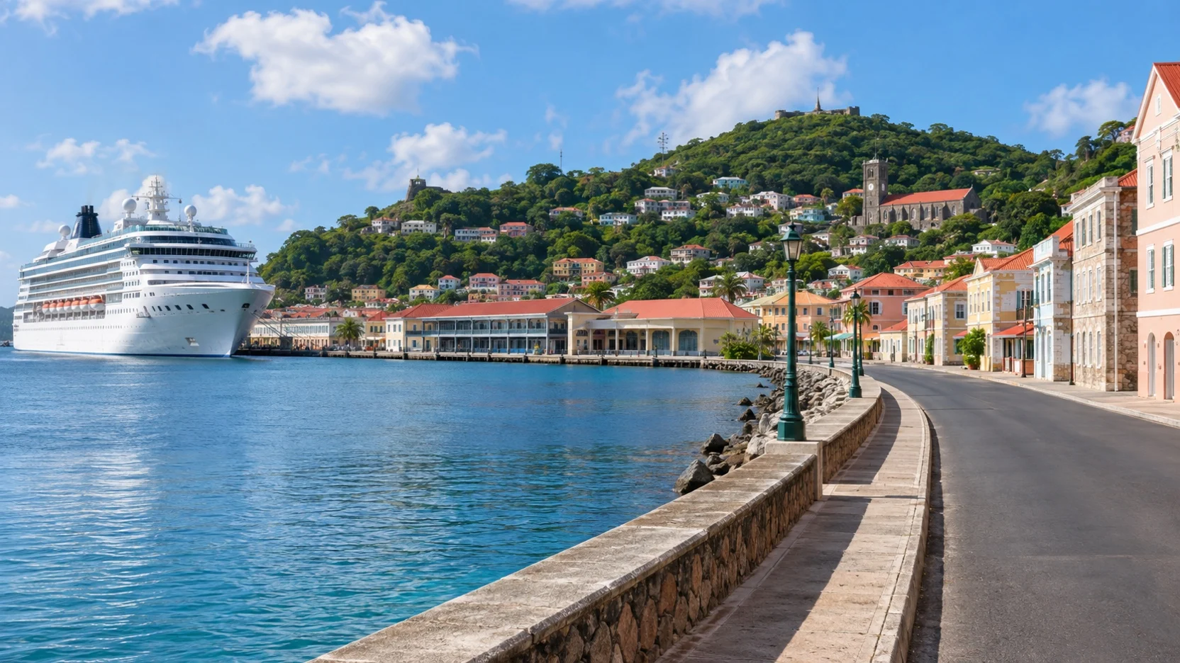 Cruise ship by St. George’s Carenage in Grenada, with the waterfront road