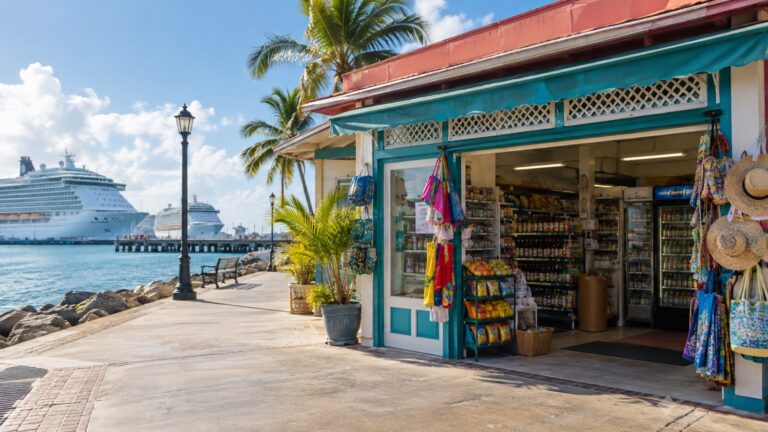 Small grocery store on walkable waterfront near cruise pier, empty exterior