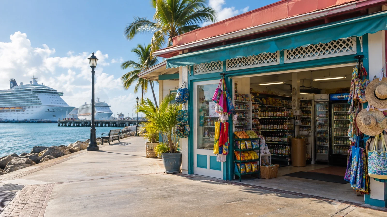 Small grocery store on walkable waterfront near cruise pier, empty exterior