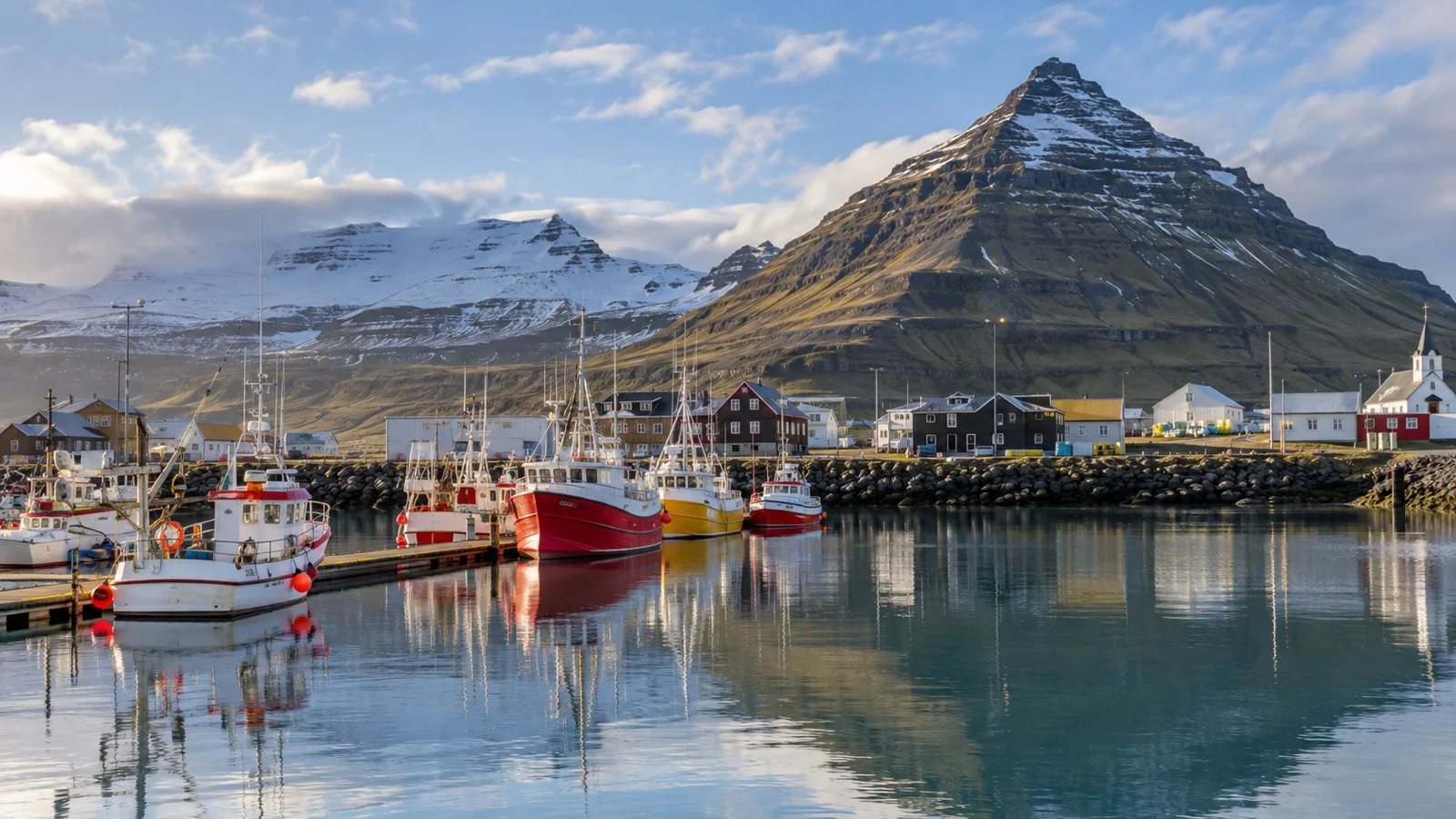 Fishing boats at Grundarfjörður harbor below Snæfellsnes mountains