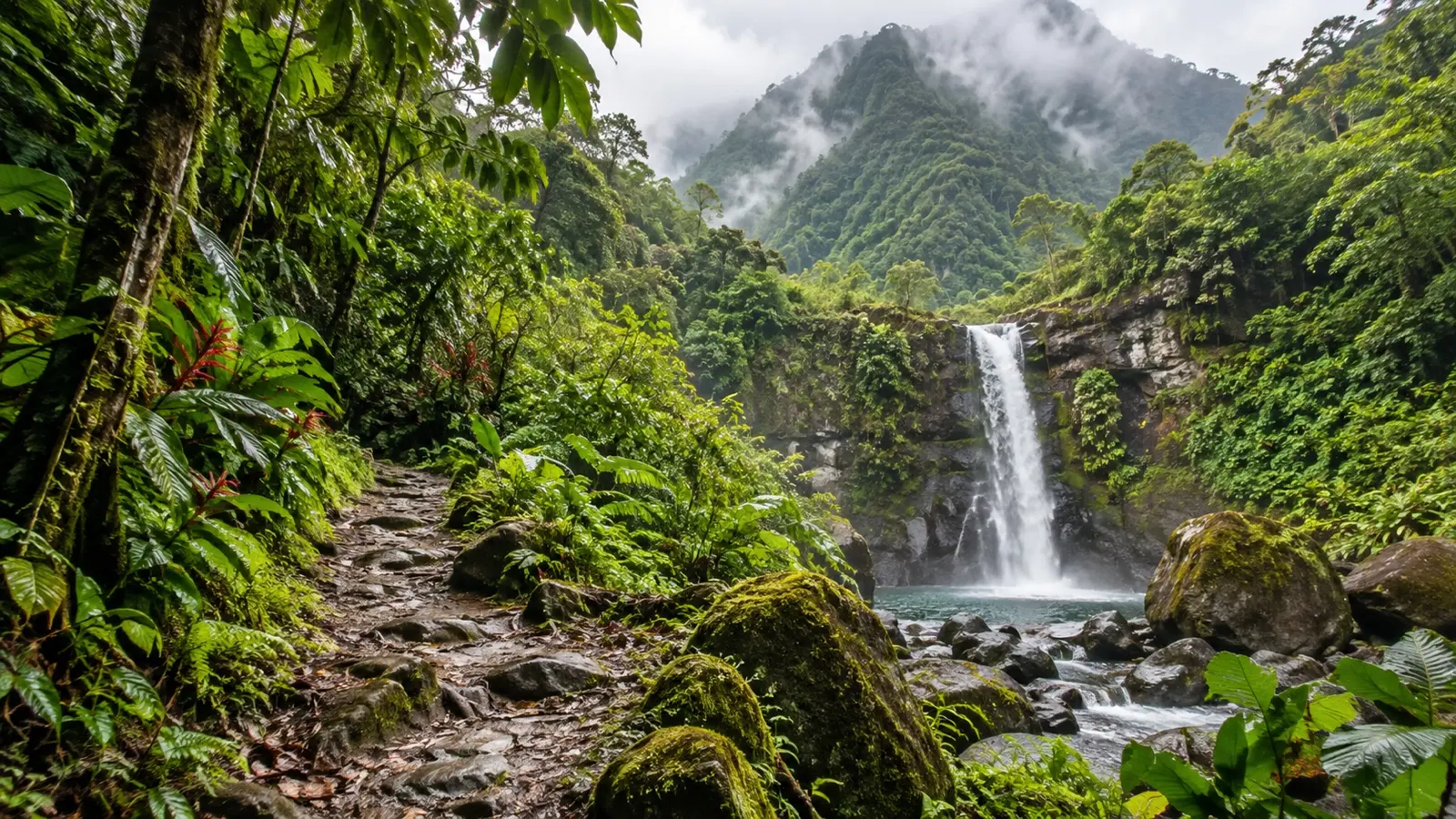 Waterfall and rainforest on Guadeloupe’s Basse-Terre island