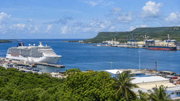 Cruise ship and working wharves at Guam's Apra Harbor