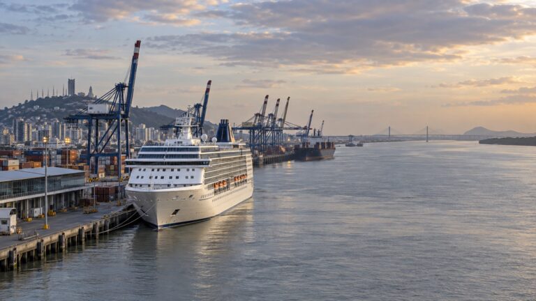 Cruise ship at Guayaquil Puerto Marítimo working harbor