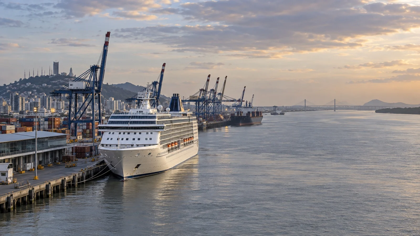 Cruise ship at Guayaquil Puerto Marítimo working harbor