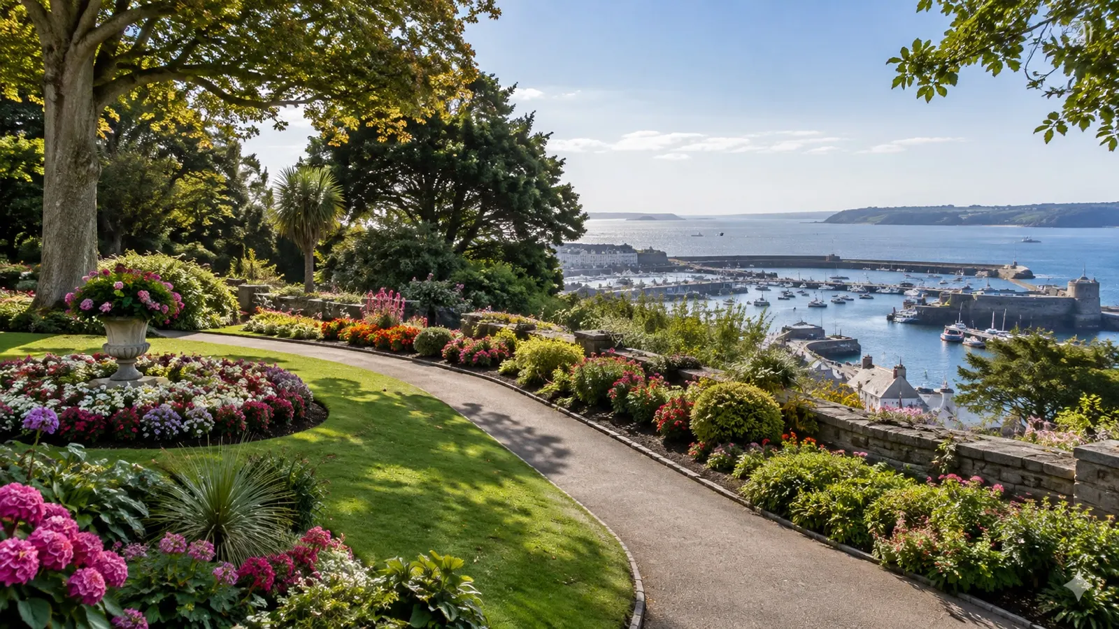 Flower beds and paths in Candie Gardens above St Peter Port