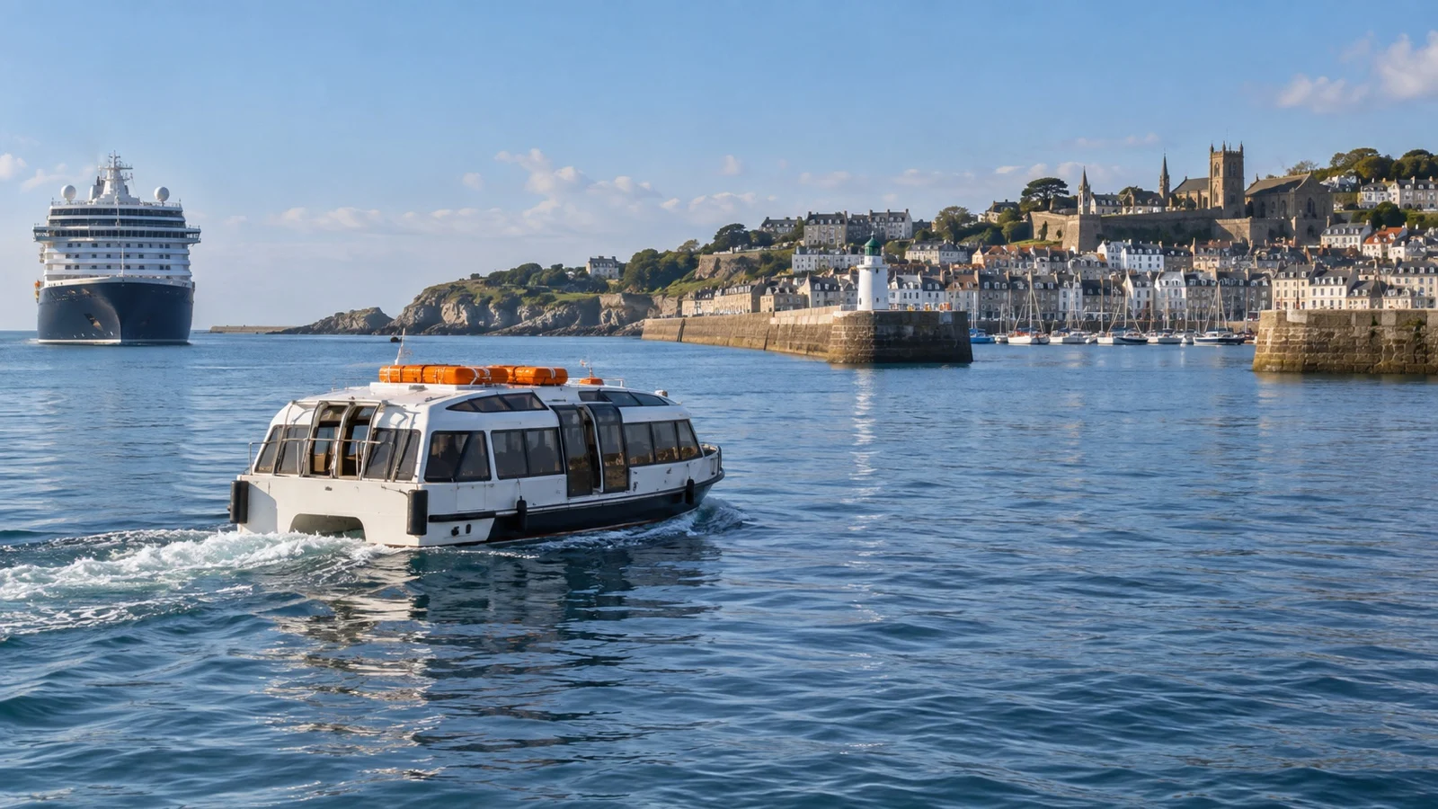 Tender boat approaching St Peter Port harbor