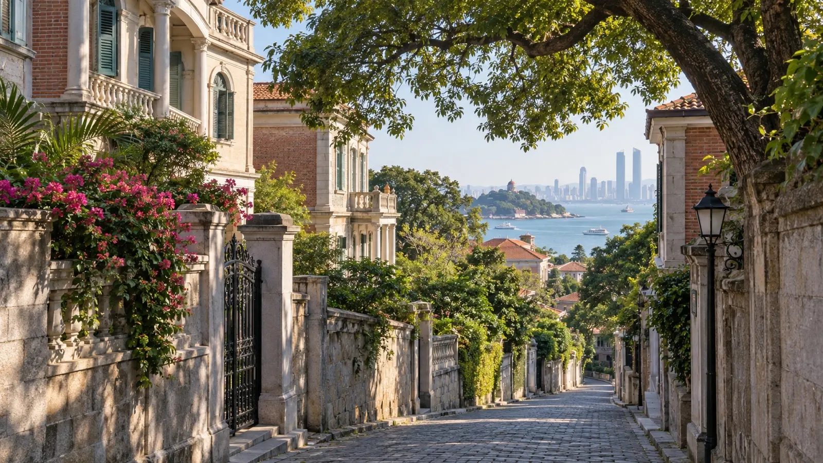 Tree-shaded lane and villas on Gulangyu island
