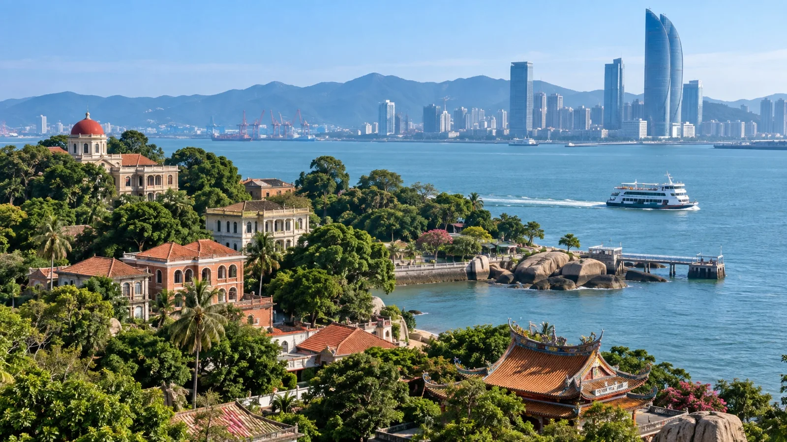 Historic villas and coastline on Gulangyu island near Xiamen
