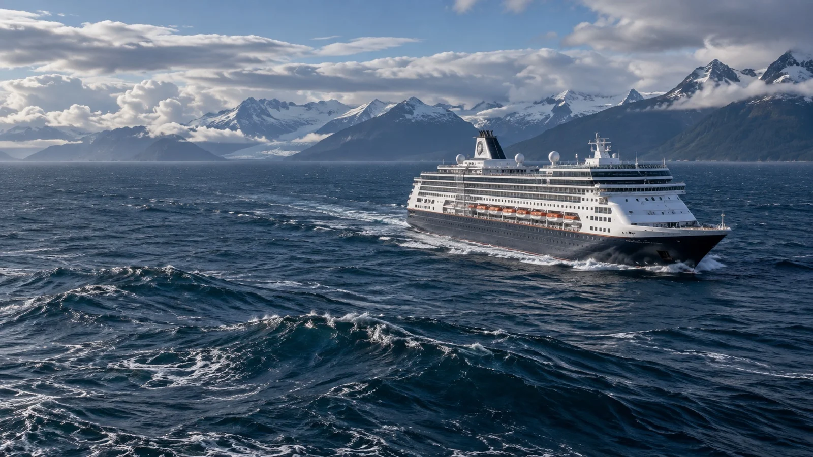 Cruise ship crossing open swells in the Gulf of Alaska.