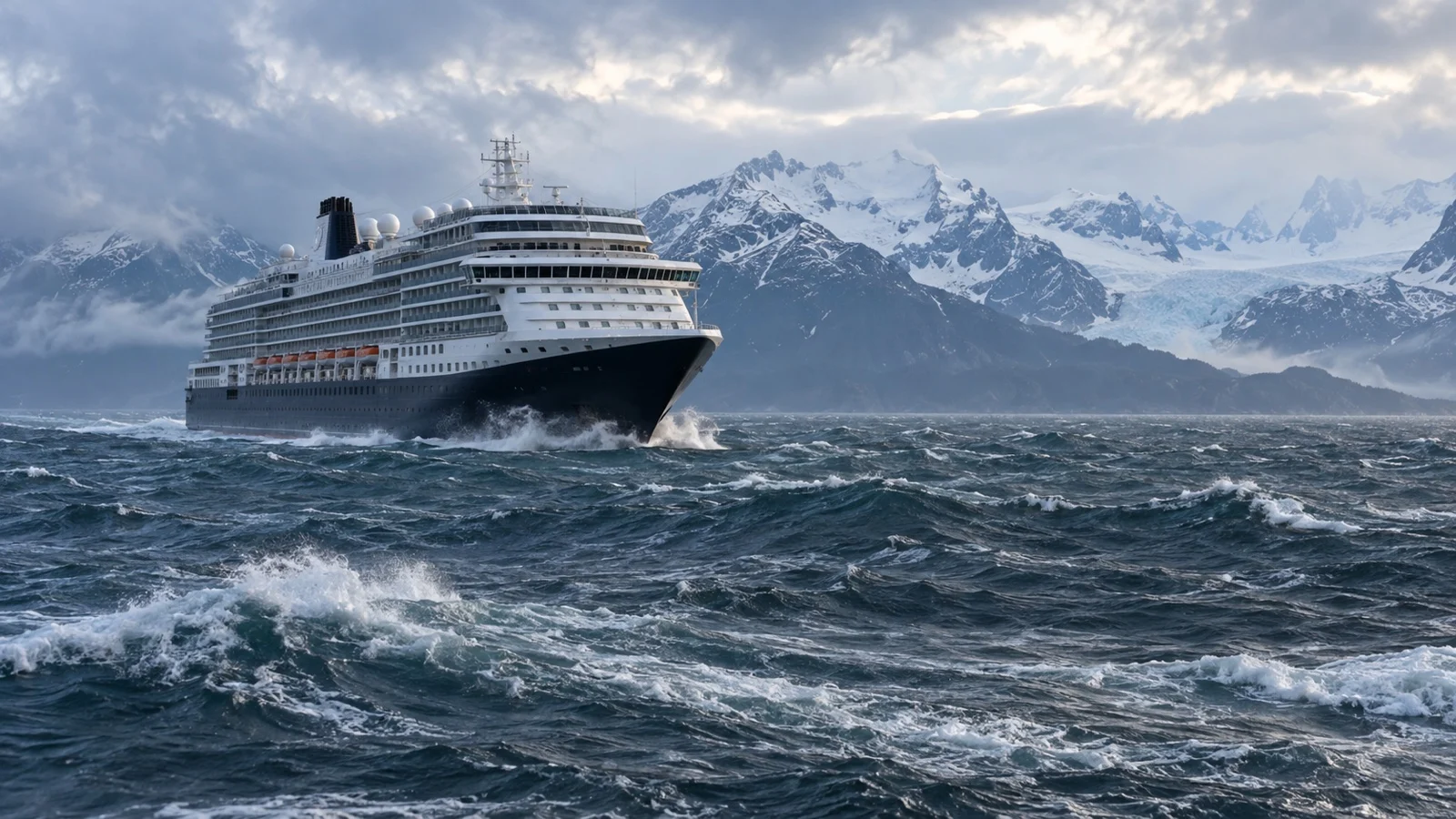 Cruise ship on cold choppy Gulf of Alaska with distant mountains