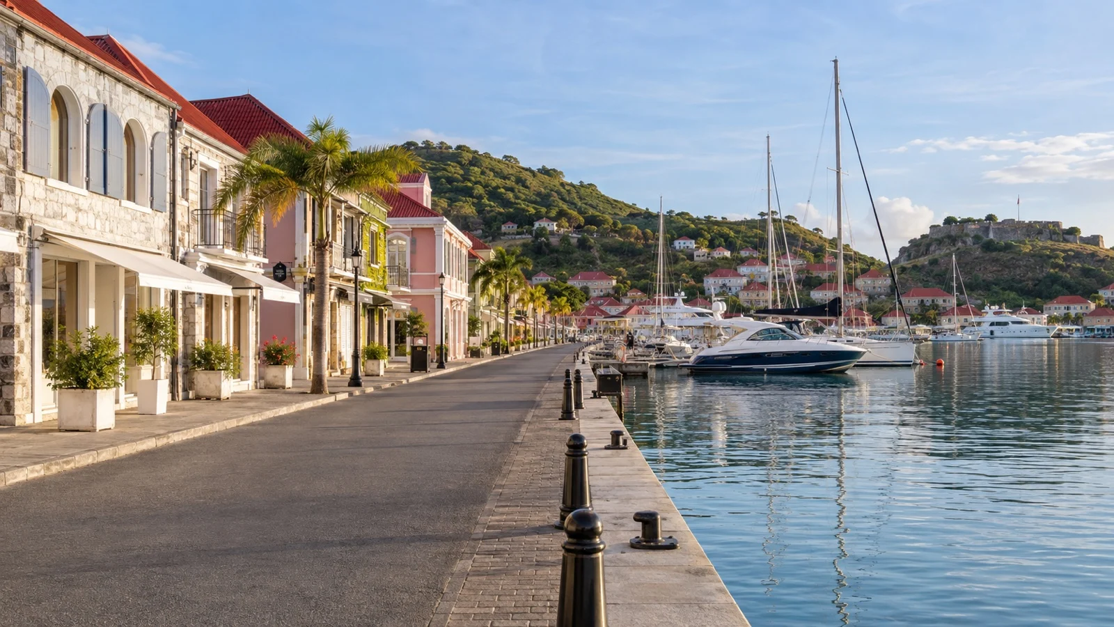 Red-roofed buildings and boats along the Gustavia waterfront