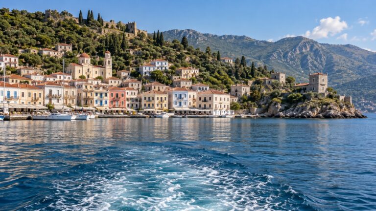 Tender boat approaching Gythion harbor in the Peloponnese